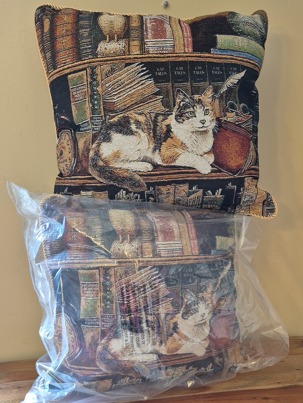 Set of 2 Decorative 15" Tapestry Cat & Books Throw Pillows - NEW